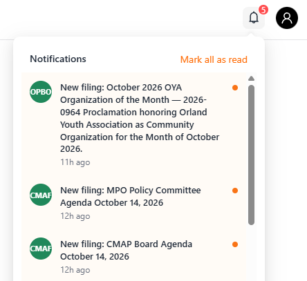 epistimi notifications panel showing new filings
